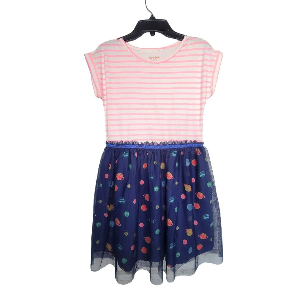 ✨cat & jack Size L(10/12) big girls dress sleeve less blue pink planets theme